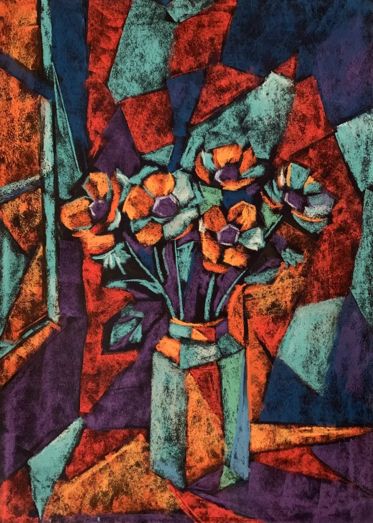 Cubist abstract flower still life, soft pastel painting