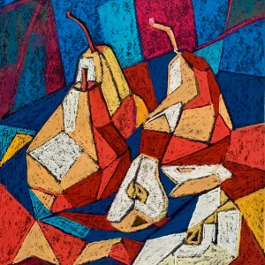 Cubist pears still life, soft pastel painting in blue and red