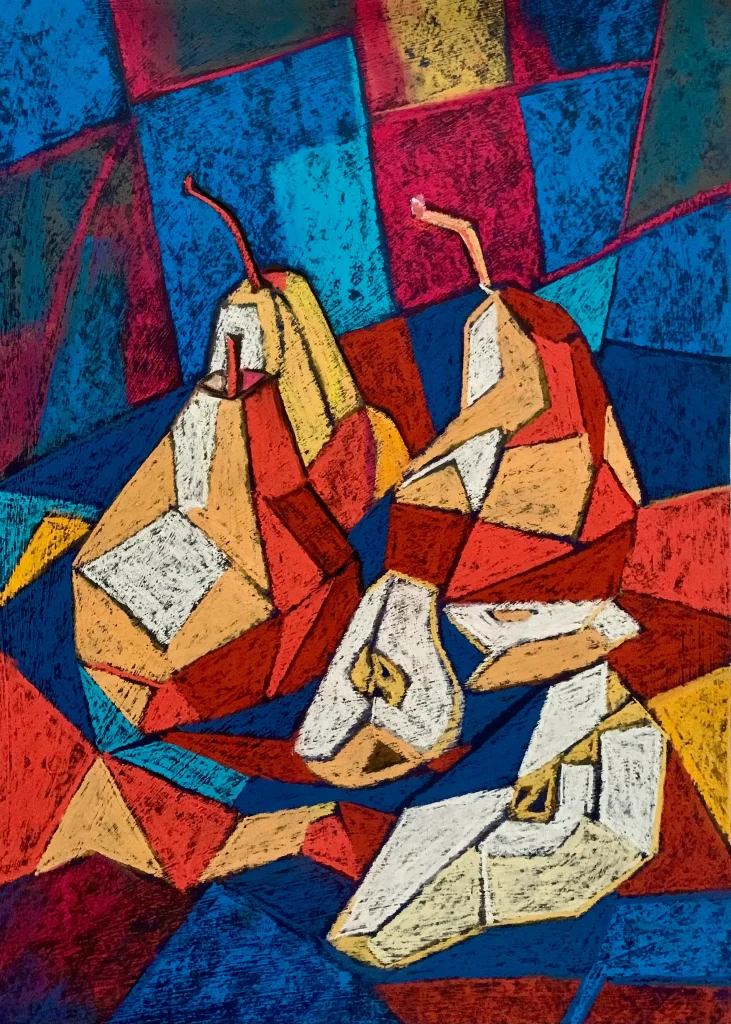 Cubist pears still life, soft pastel painting in blue and red