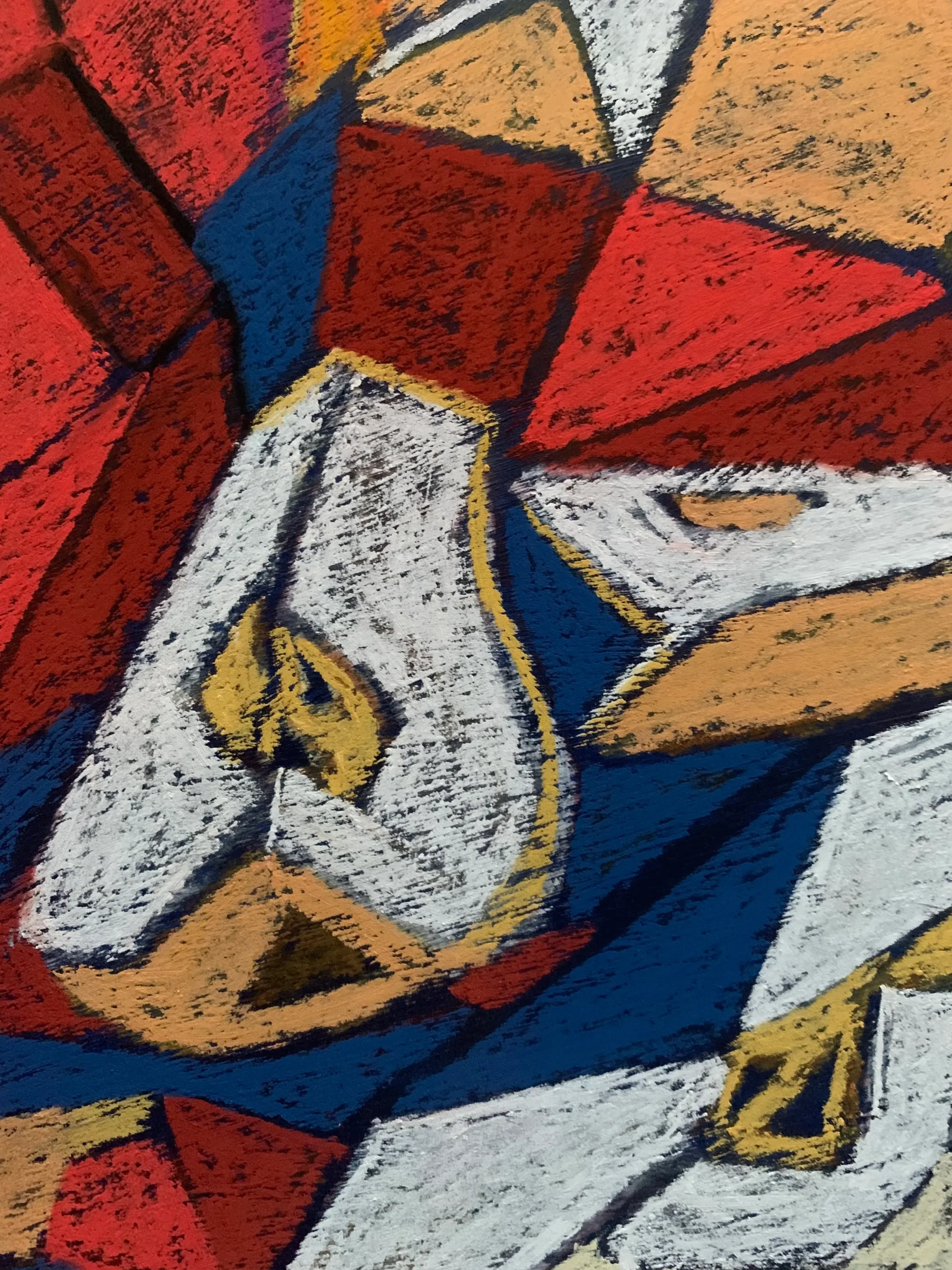 Close-up detail of cubist soft pastel pears painting