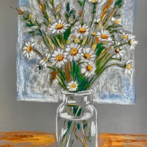 Expressionist still life of wild daisies in a glass jar, soft pastel painting