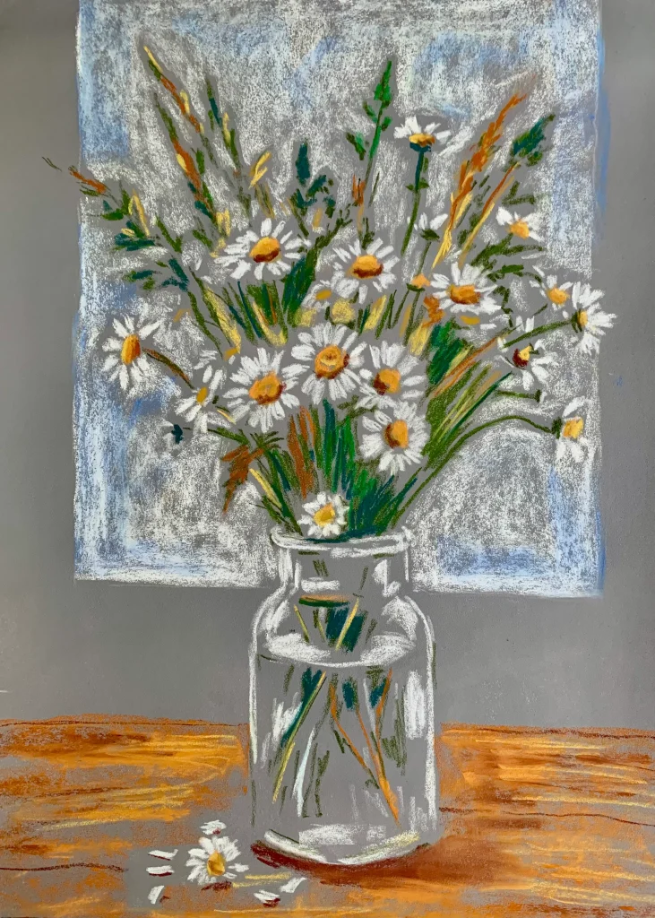 Expressionist still life of wild daisies in a glass jar, soft pastel painting
