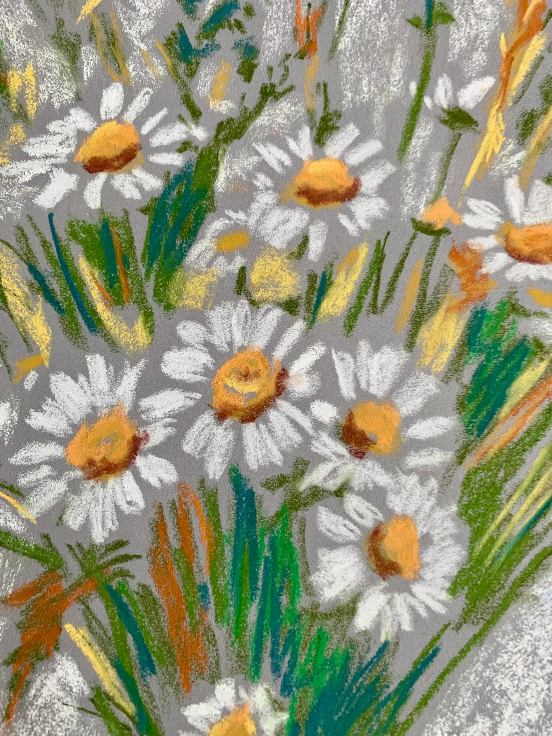 Close-up detail of expressionist soft pastel daisy petals and stems texture