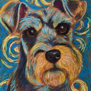 An original expressionist Schnauzer dog portrait painting in soft pastel by Savchenko on A3 format, featuring a brown and black dog with a fluffy light brown beard and expressive brown eyes against a background of turquoise and yellow swirls.