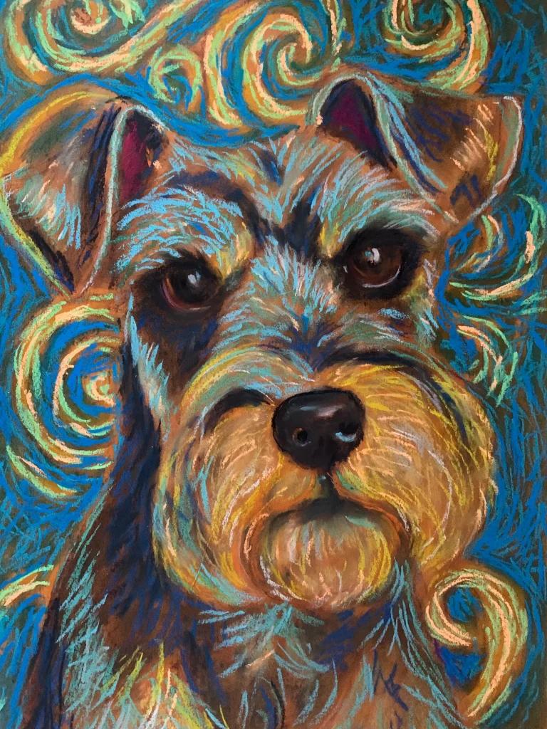 An original expressionist Schnauzer dog portrait painting in soft pastel by Savchenko on A3 format, featuring a brown and black dog with a fluffy light brown beard and expressive brown eyes against a background of turquoise and yellow swirls.