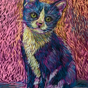 An original expressionist soft pastel colorful cat painting in A3 format by Savchenko, depicting a cute dark blue tuxedo cat with a white bib and paws, bright green eyes, set against a highly textured pink background.