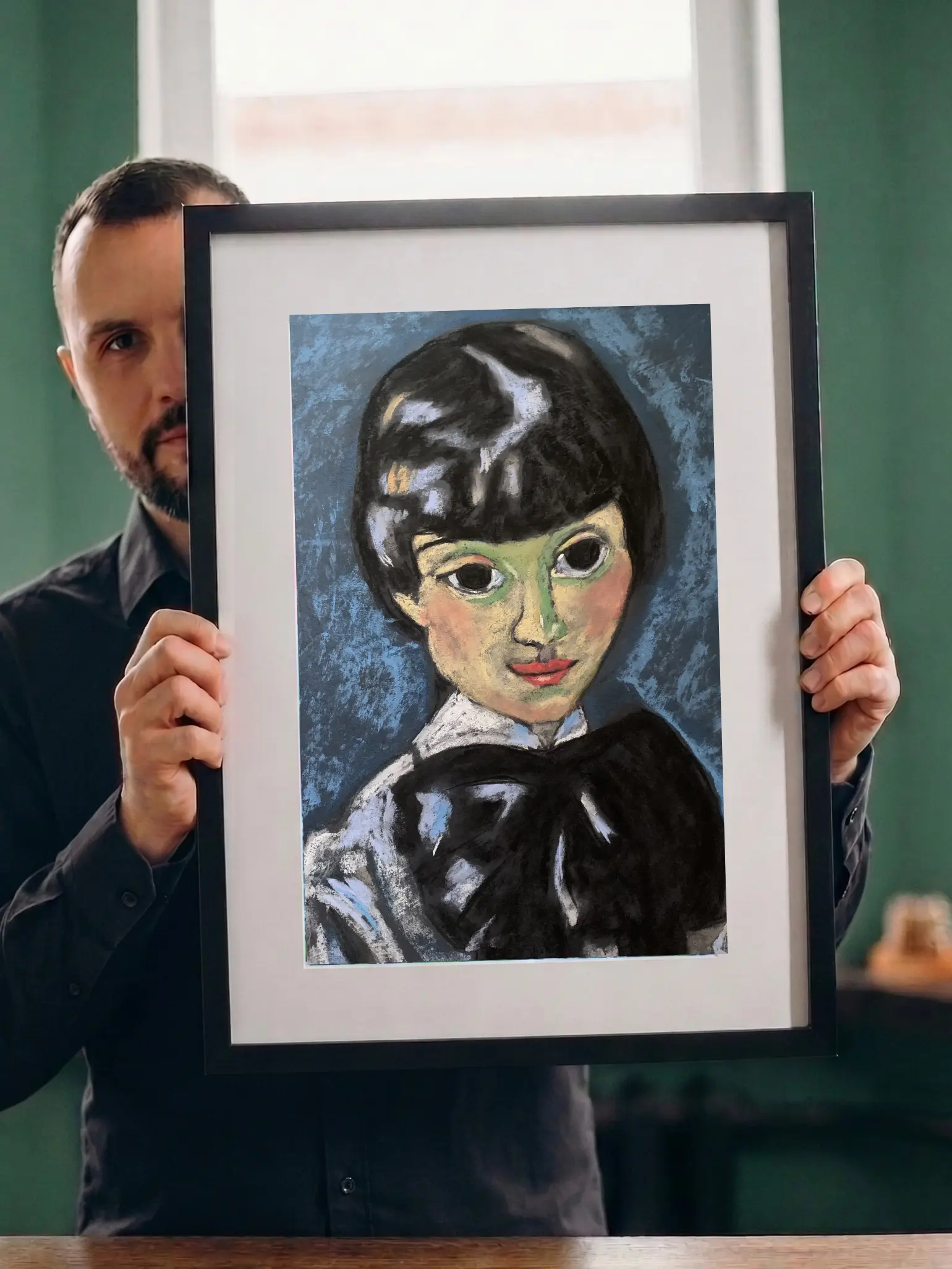 An original expressionist theatrical portrait in soft pastel by Savchenko, depicting a Pierrot-style figure with short dark hair, a green shadow mask around the eyes, red lips, and a large black bow tie against a textured blue background on A3 format.