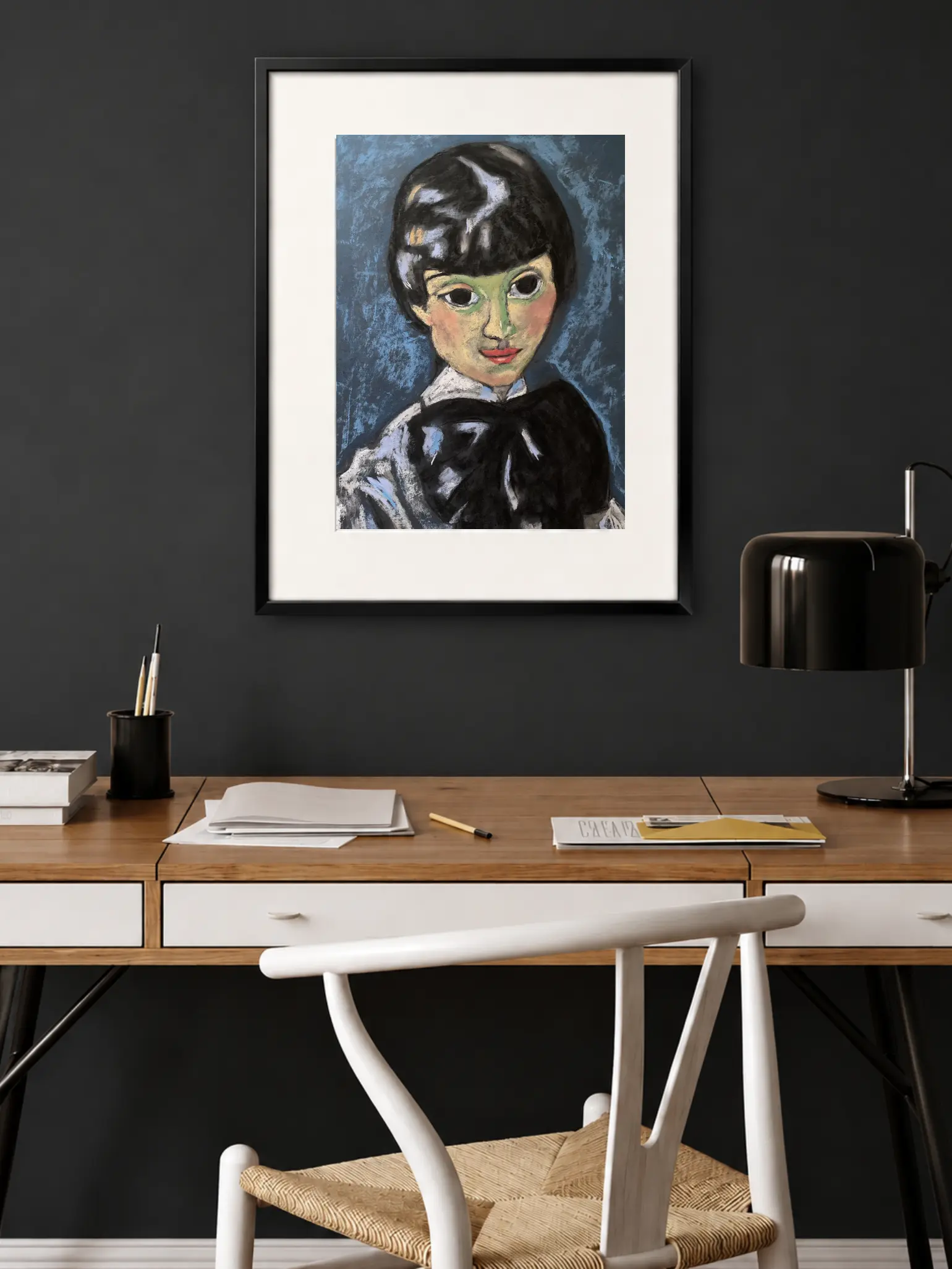 An original expressionist theatrical portrait in soft pastel by Savchenko, depicting a Pierrot-style figure with short dark hair, a green shadow mask around the eyes, red lips, and a large black bow tie against a textured blue background on A3 format.