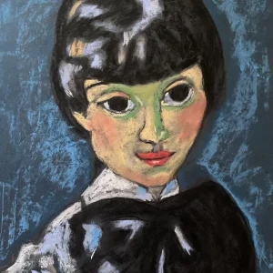 An original expressionist theatrical portrait in soft pastel by Savchenko, depicting a Pierrot-style figure with short dark hair, a green shadow mask around the eyes, red lips, and a large black bow tie against a textured blue background on A3 format.