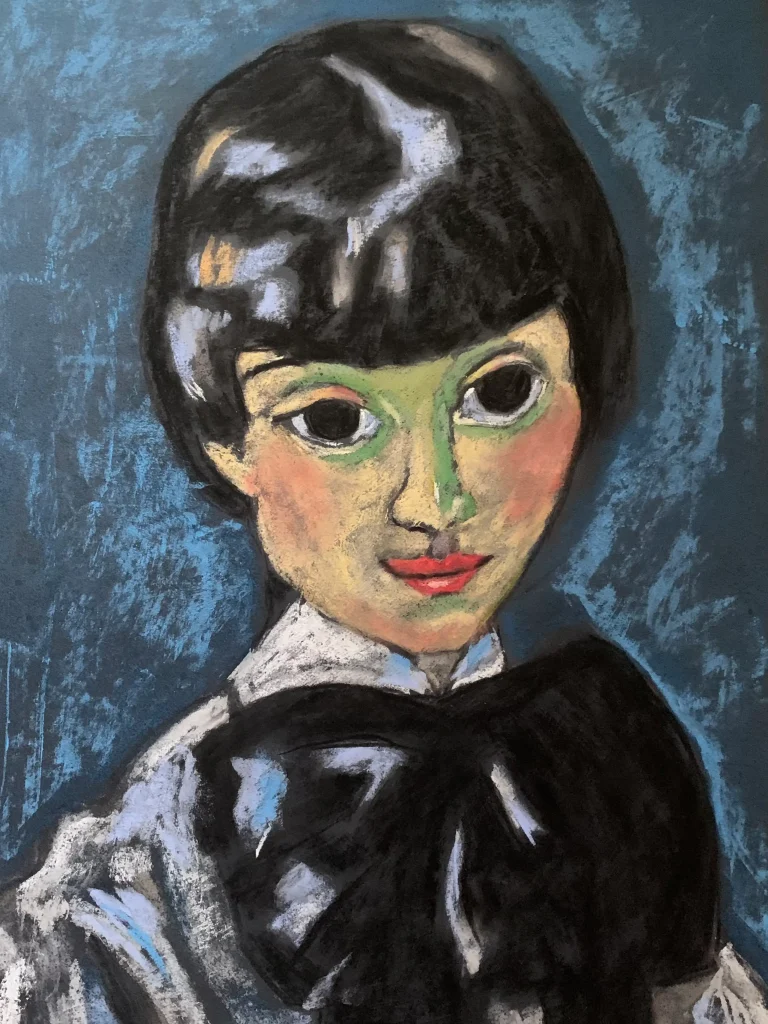 An original expressionist theatrical portrait in soft pastel by Savchenko, depicting a Pierrot-style figure with short dark hair, a green shadow mask around the eyes, red lips, and a large black bow tie against a textured blue background on A3 format.