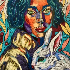 Expressionist portrait of woman with rabbit, soft pastel painting with floral motifs
