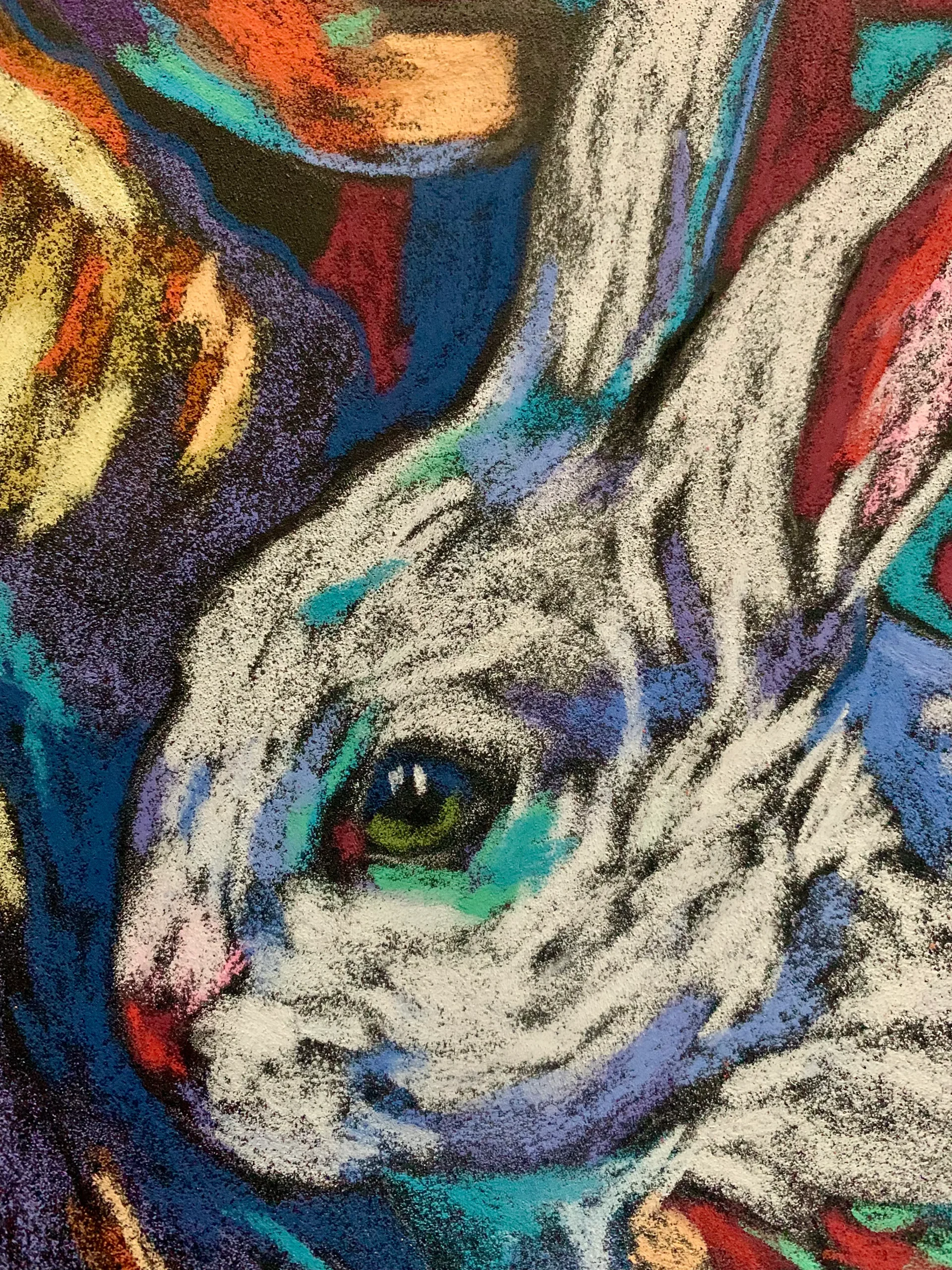 Close-up detail of expressionist soft pastel rabbit portrait