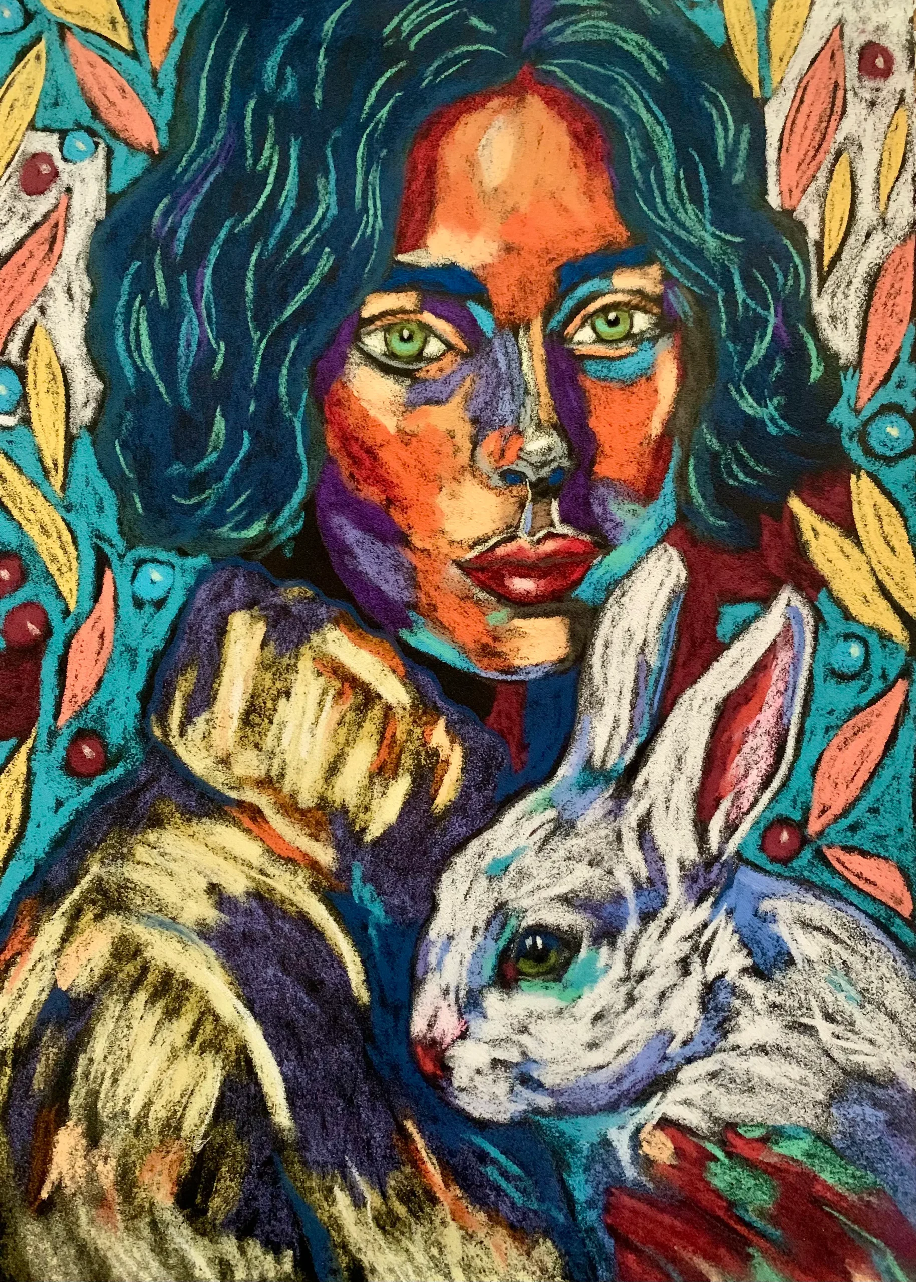 Expressionist portrait of woman with rabbit, soft pastel painting with floral motifs