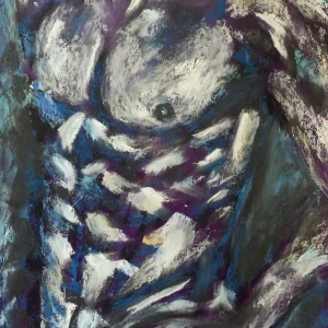 An original expressive male torso soft pastel painting by Savchenko, depicting a highly muscular athletic male chest and abs with dramatic white highlights, deep blue and purple shadows in A3 format.