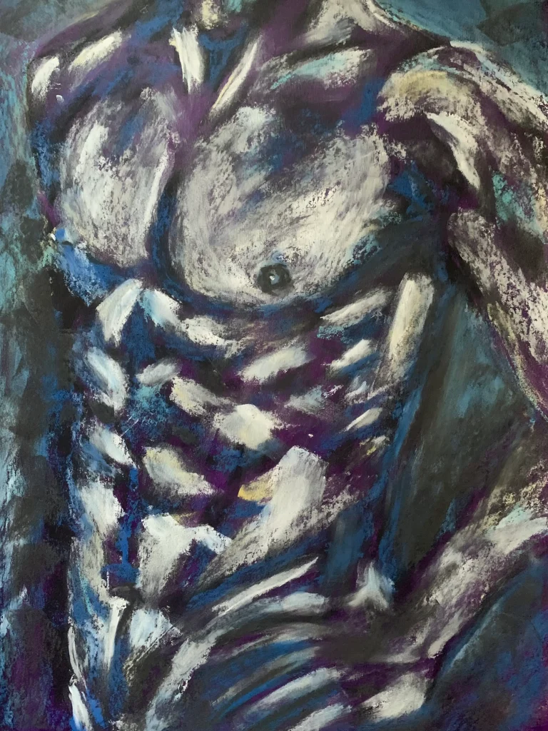 An original expressive male torso soft pastel painting by Savchenko, depicting a highly muscular athletic male chest and abs with dramatic white highlights, deep blue and purple shadows in A3 format.