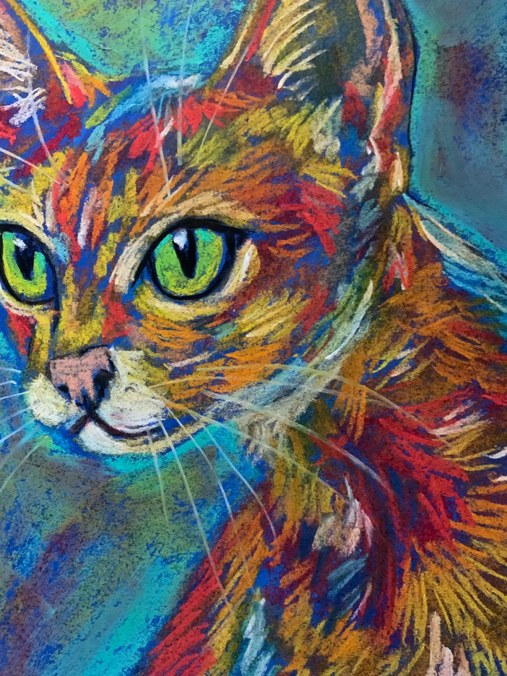 An original expressive vibrant cat portrait painting in soft pastel by Savchenko on A3 format, depicting a slender ginger and orange cat with large green eyes, looking over its shoulder against a textured teal and blue background.