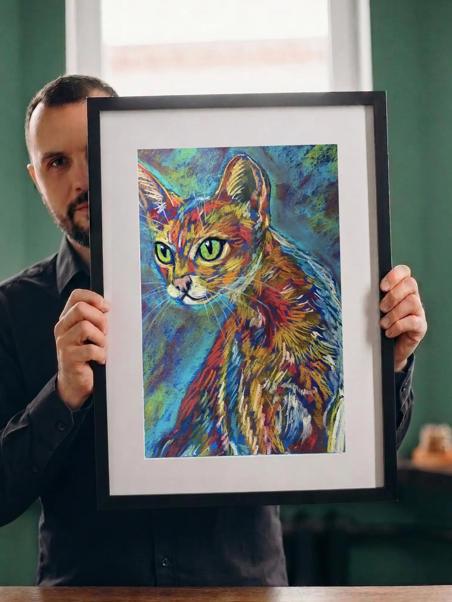 An original expressive vibrant cat portrait painting in soft pastel by Savchenko on A3 format, depicting a slender ginger and orange cat with large green eyes, looking over its shoulder against a textured teal and blue background.