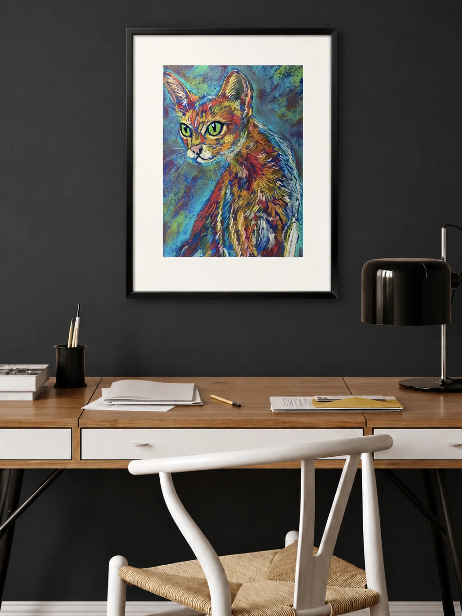 An original expressive vibrant cat portrait painting in soft pastel by Savchenko on A3 format, depicting a slender ginger and orange cat with large green eyes, looking over its shoulder against a textured teal and blue background.