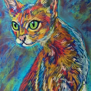 An original expressive vibrant cat portrait painting in soft pastel by Savchenko on A3 format, depicting a slender ginger and orange cat with large green eyes, looking over its shoulder against a textured teal and blue background.