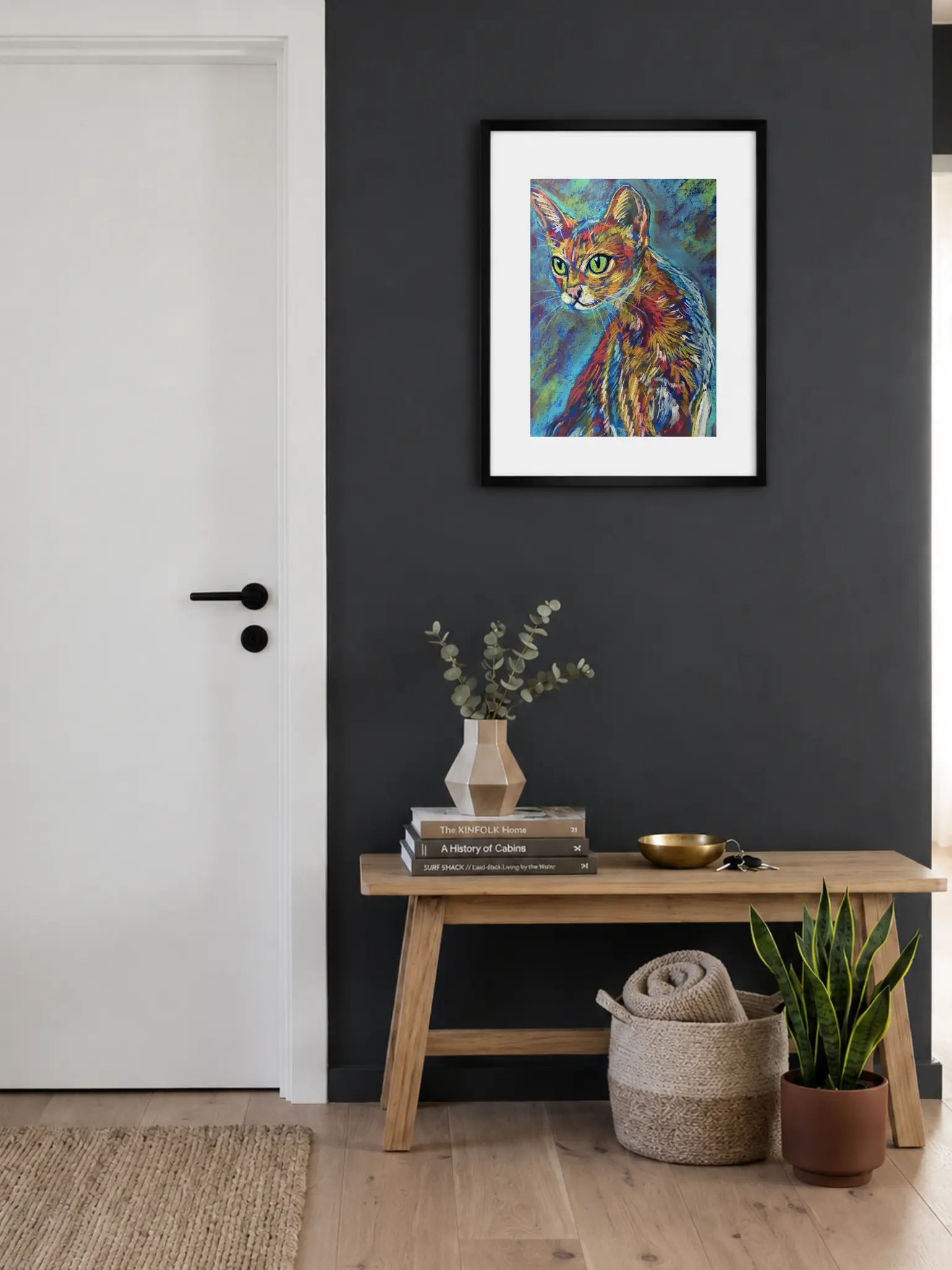 An original expressive vibrant cat portrait painting in soft pastel by Savchenko on A3 format, depicting a slender ginger and orange cat with large green eyes, looking over its shoulder against a textured teal and blue background.