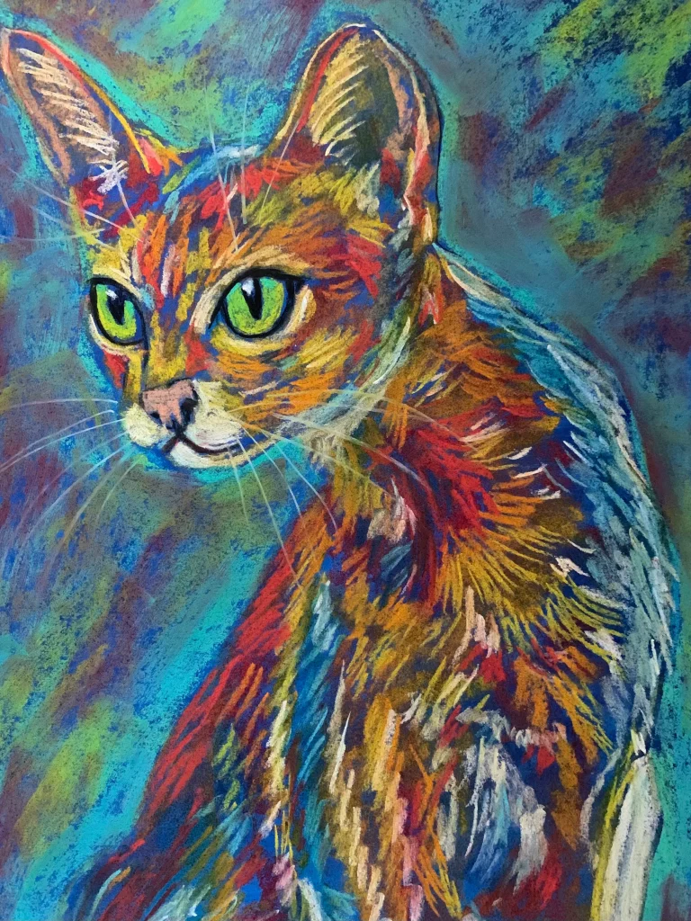 An original expressive vibrant cat portrait painting in soft pastel by Savchenko on A3 format, depicting a slender ginger and orange cat with large green eyes, looking over its shoulder against a textured teal and blue background.