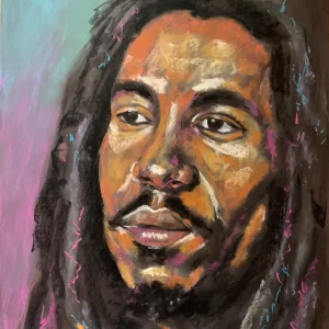 An original expressionist soft pastel portrait of a man with dreadlocks by Savchenko, featuring warm orange and brown skin tones, dark expressive eyes, and vibrant colorful highlights in his hair against a green and purple background on A3 format.