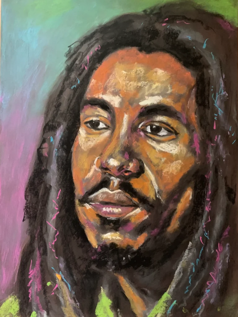 An original expressionist soft pastel portrait of a man with dreadlocks by Savchenko, featuring warm orange and brown skin tones, dark expressive eyes, and vibrant colorful highlights in his hair against a green and purple background on A3 format.