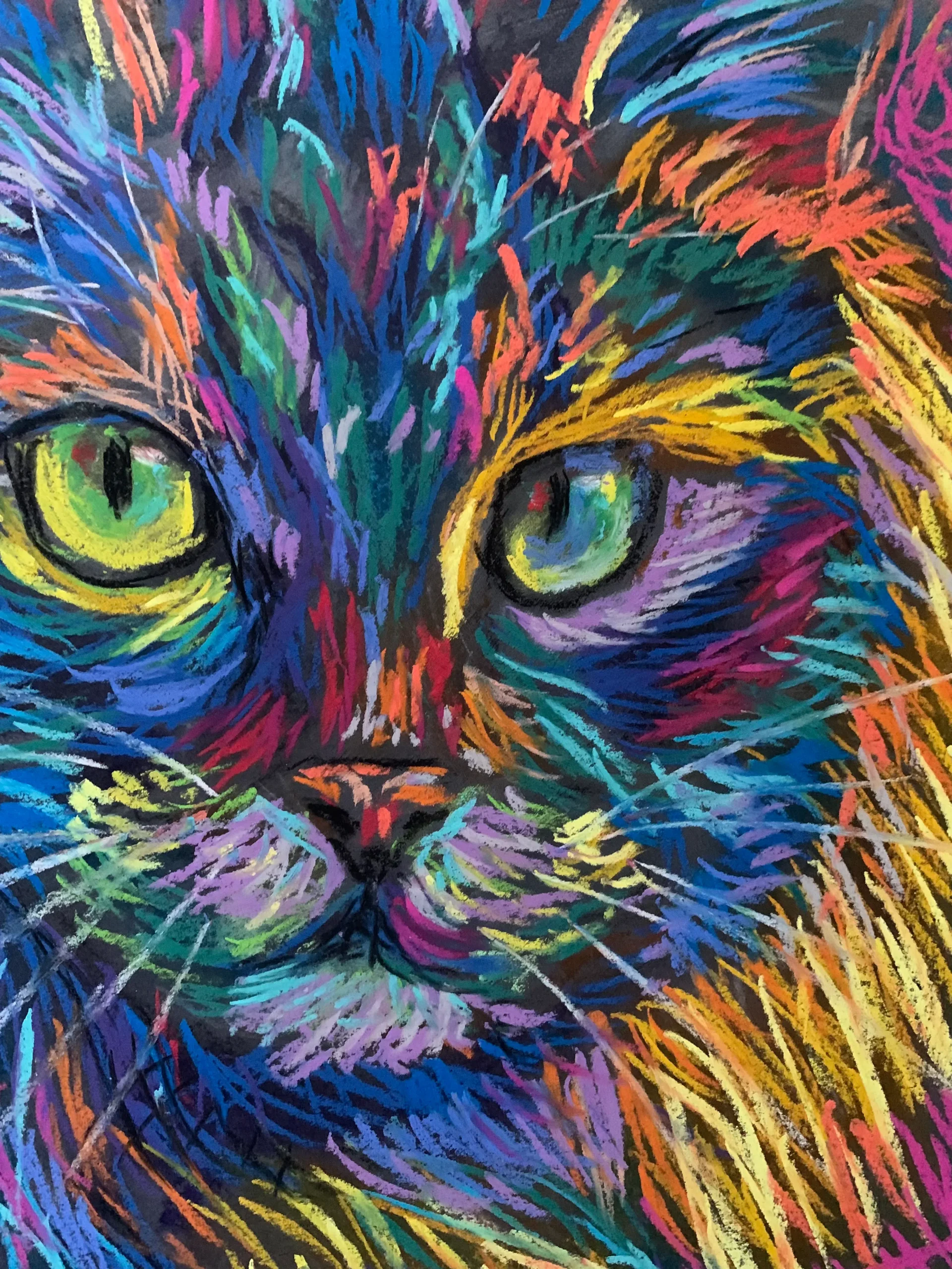 An original vibrant fluffy cat portrait painting in soft pastel by Savchenko on A3 format, featuring a long-haired cat with rainbow fur and bright green eyes against a textured yellow and pink background.