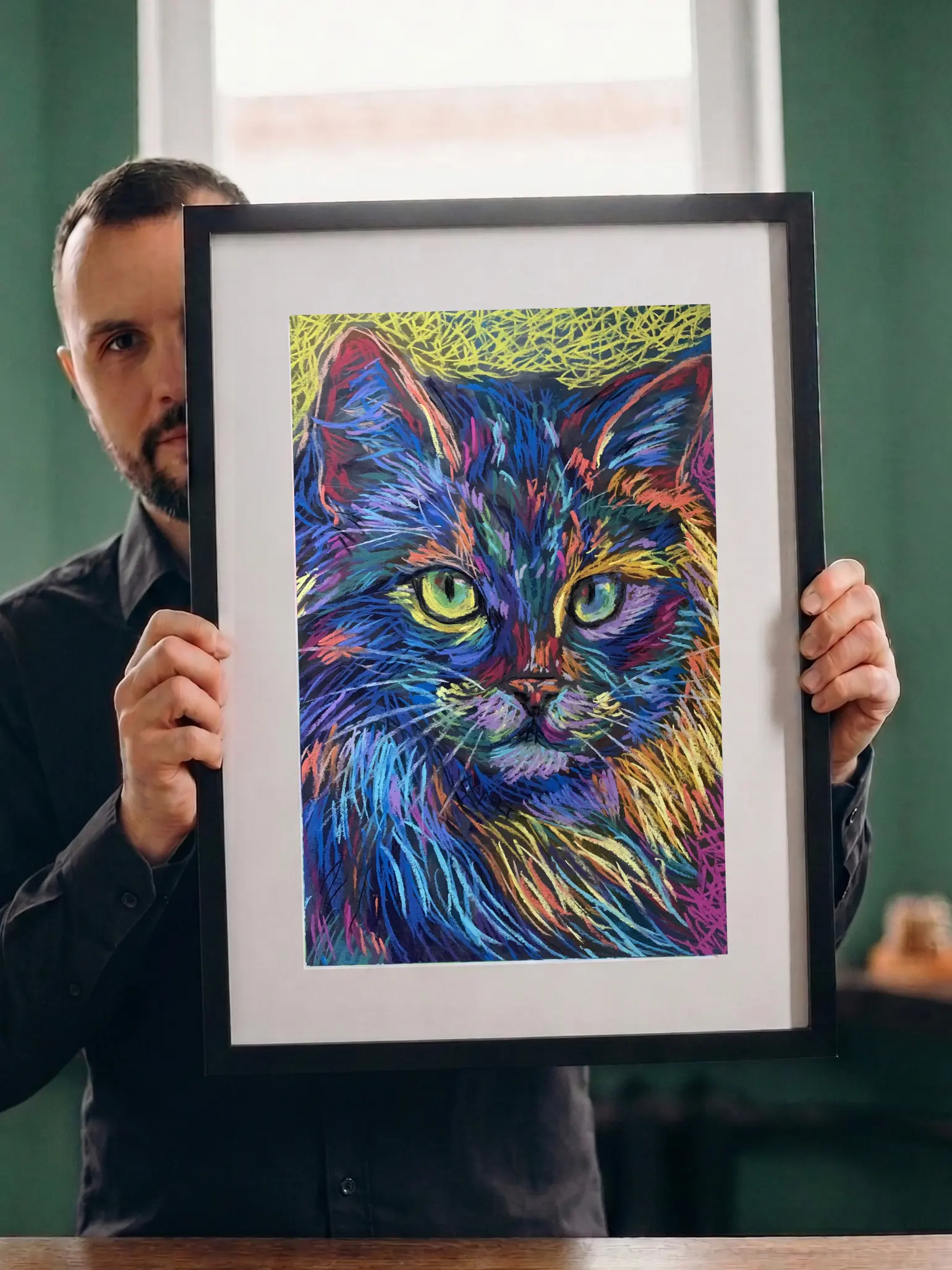An original vibrant fluffy cat portrait painting in soft pastel by Savchenko on A3 format, featuring a long-haired cat with rainbow fur and bright green eyes against a textured yellow and pink background.