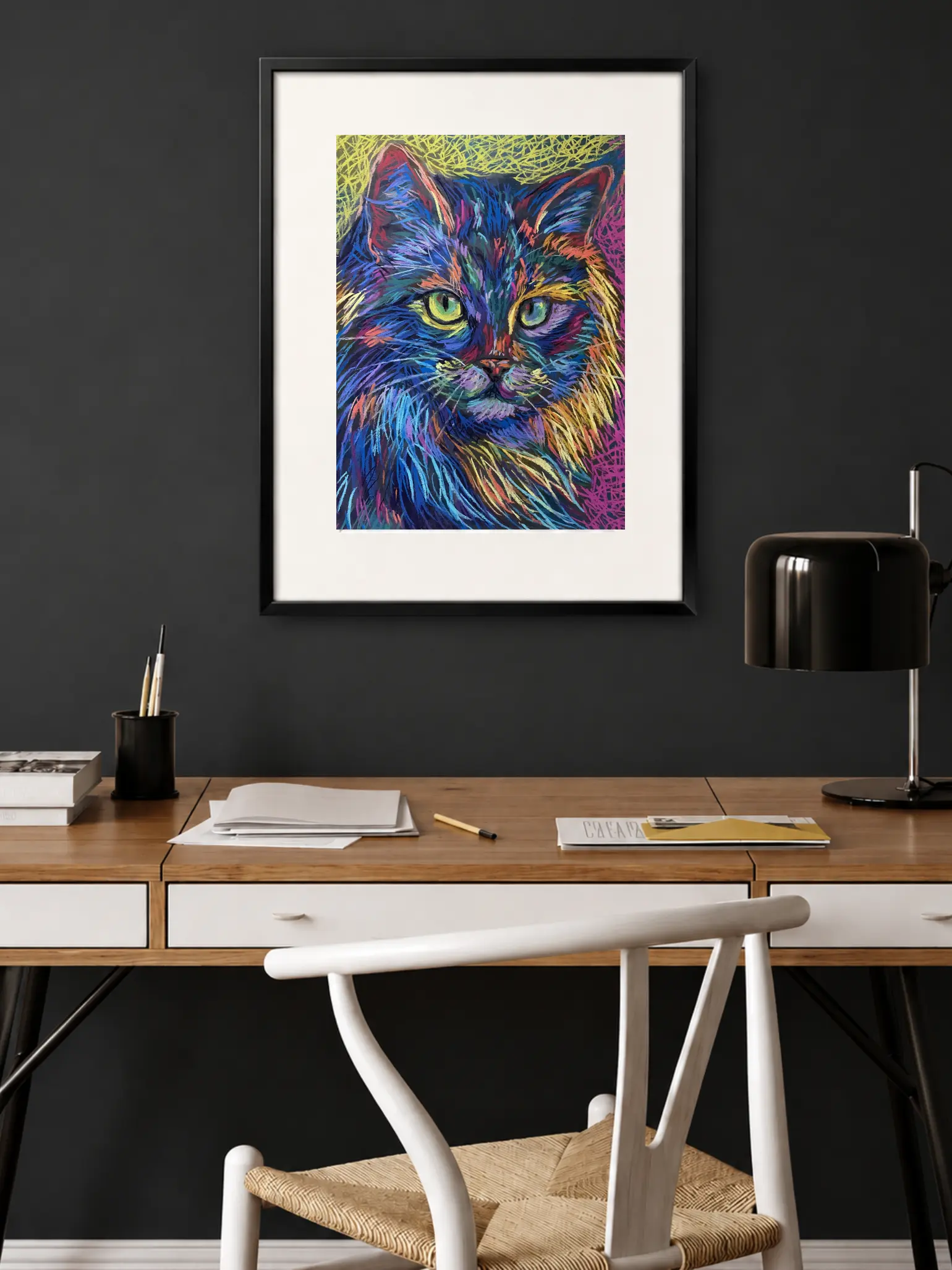 An original vibrant fluffy cat portrait painting in soft pastel by Savchenko on A3 format, featuring a long-haired cat with rainbow fur and bright green eyes against a textured yellow and pink background.