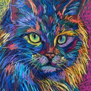An original vibrant fluffy cat portrait painting in soft pastel by Savchenko on A3 format, featuring a long-haired cat with rainbow fur and bright green eyes against a textured yellow and pink background.