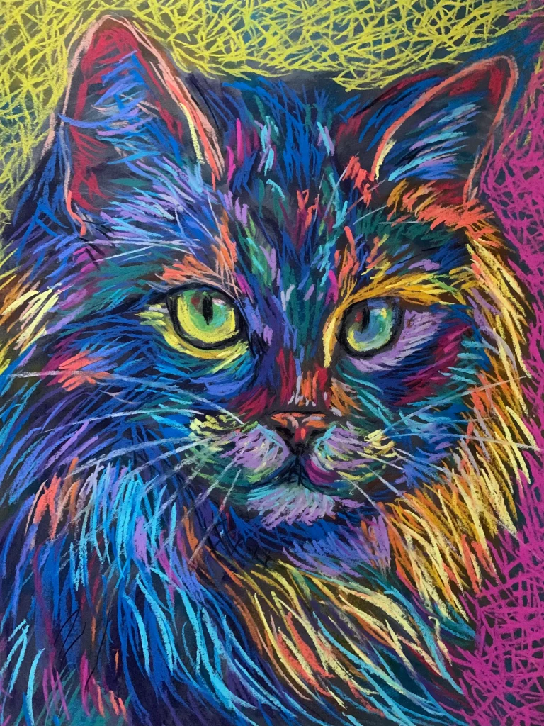 An original vibrant fluffy cat portrait painting in soft pastel by Savchenko on A3 format, featuring a long-haired cat with rainbow fur and bright green eyes against a textured yellow and pink background.