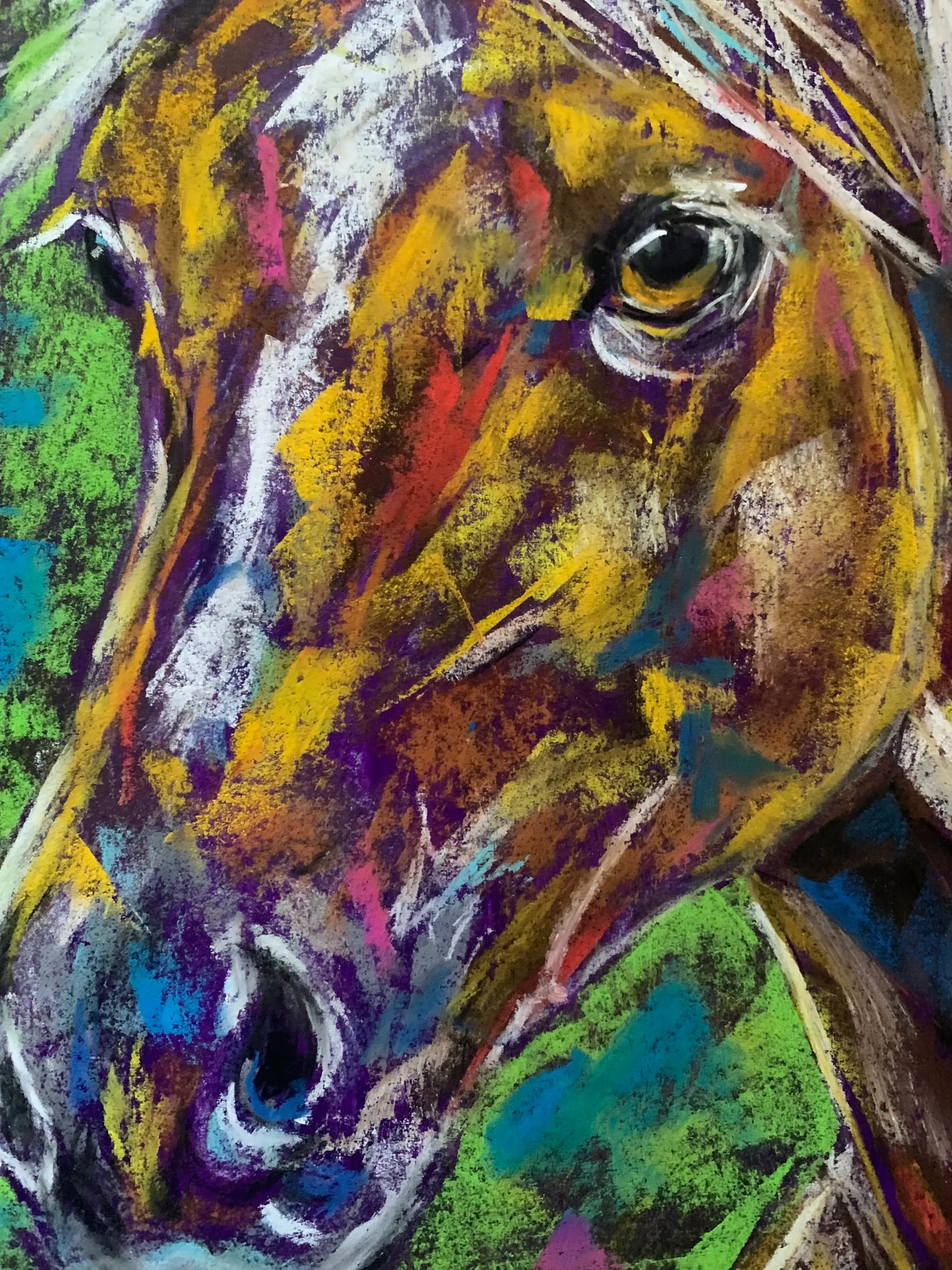 An original vibrant horse portrait painting in soft pastel by Savchenko on A3 format, depicting a golden-brown horse with a flowing white mane and a soulful dark eye against a textured green, turquoise, and pink background.