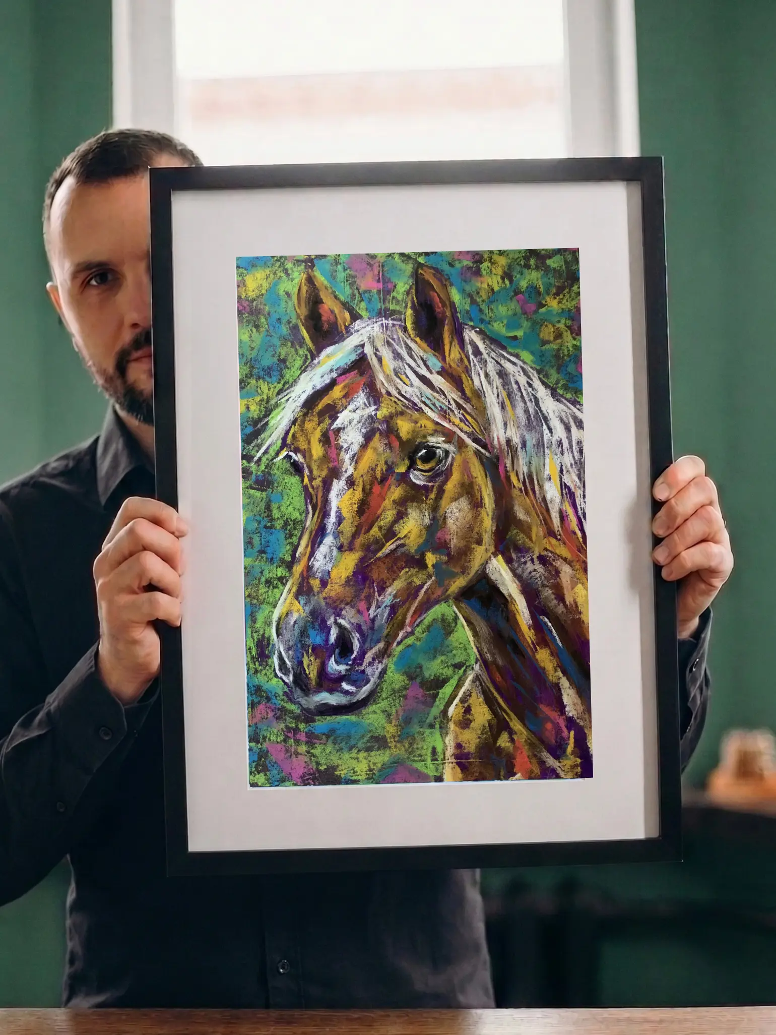 An original vibrant horse portrait painting in soft pastel by Savchenko on A3 format, depicting a golden-brown horse with a flowing white mane and a soulful dark eye against a textured green, turquoise, and pink background.