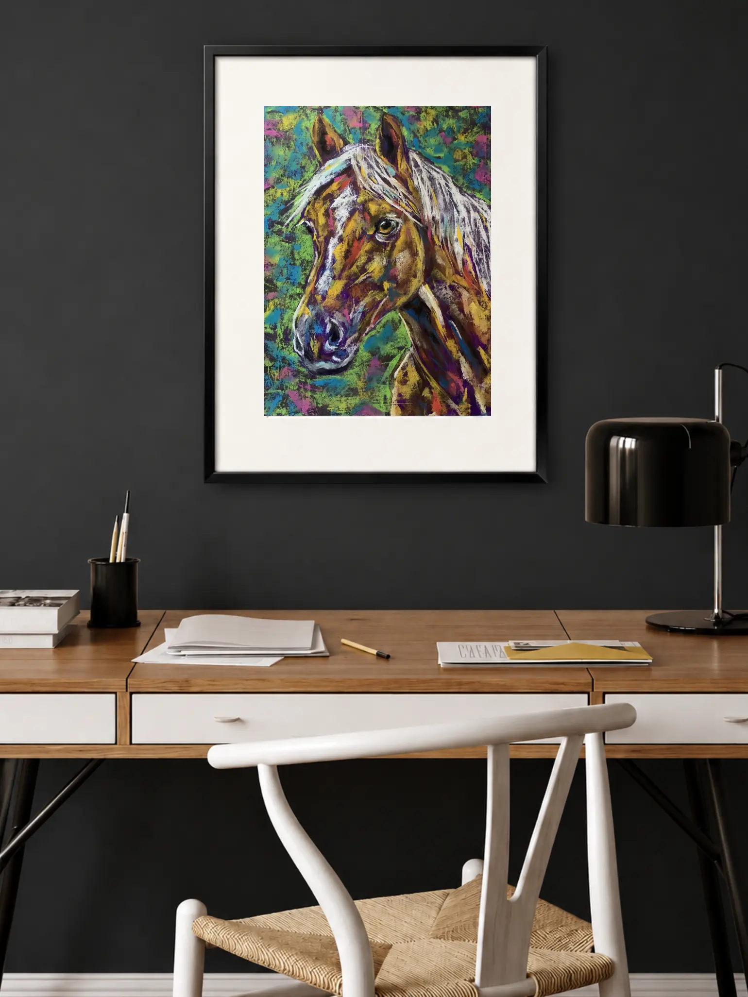 An original vibrant horse portrait painting in soft pastel by Savchenko on A3 format, depicting a golden-brown horse with a flowing white mane and a soulful dark eye against a textured green, turquoise, and pink background.