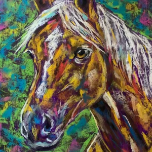 An original vibrant horse portrait painting in soft pastel by Savchenko on A3 format, depicting a golden-brown horse with a flowing white mane and a soulful dark eye against a textured green, turquoise, and pink background.