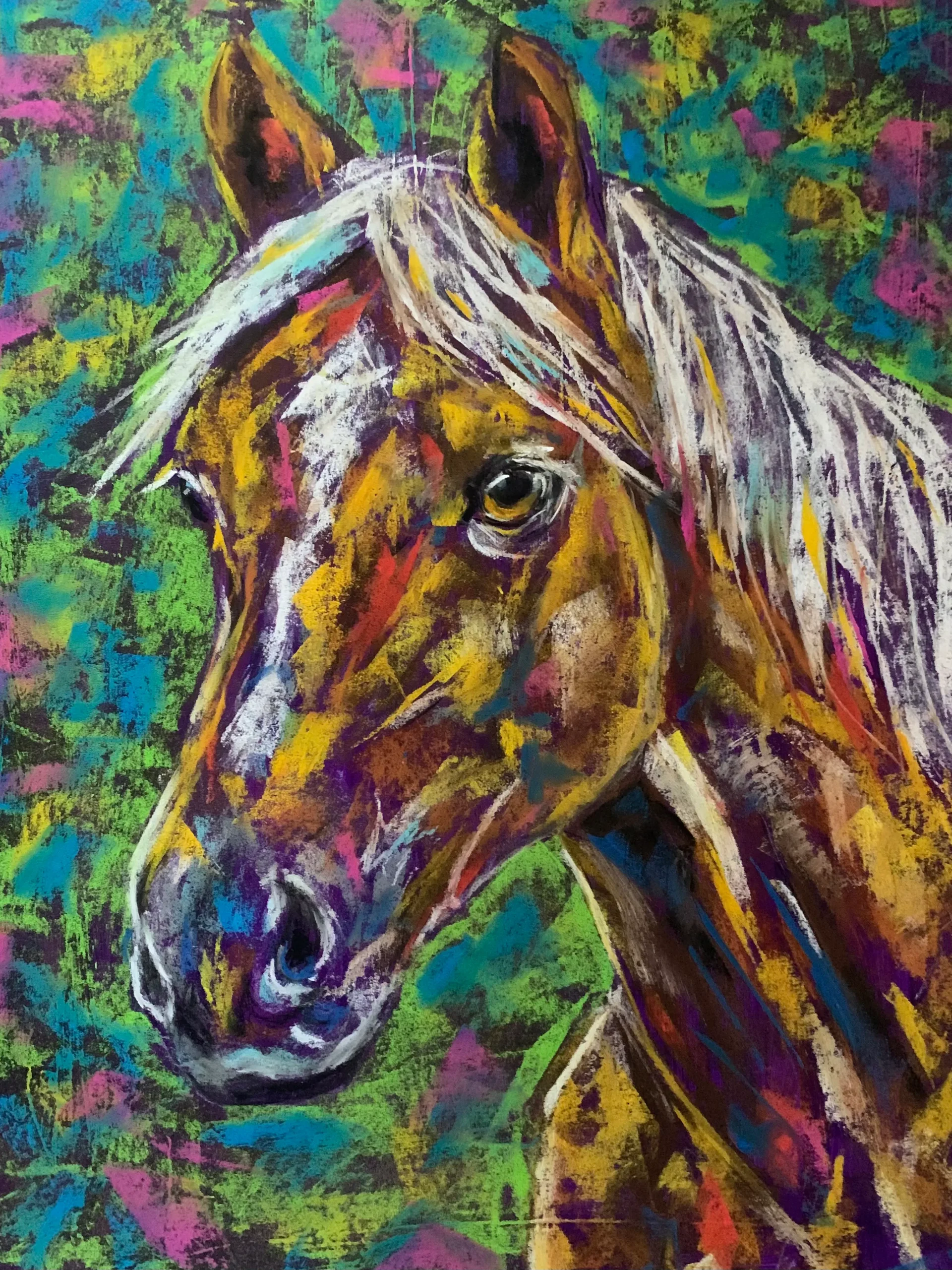 An original vibrant horse portrait painting in soft pastel by Savchenko on A3 format, depicting a golden-brown horse with a flowing white mane and a soulful dark eye against a textured green, turquoise, and pink background.