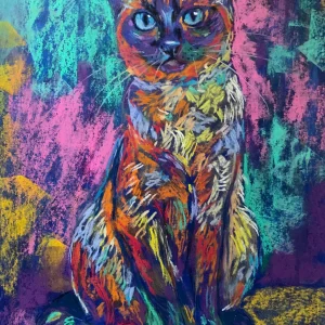 An original vibrant soft pastel cat portrait in A3 format by Savchenko, depicting a sitting cat with bright blue eyes and colorful fur in orange, blue, and yellow strokes against a textured pink and teal background.