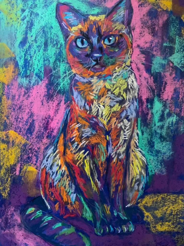 An original vibrant soft pastel cat portrait in A3 format by Savchenko, depicting a sitting cat with bright blue eyes and colorful fur in orange, blue, and yellow strokes against a textured pink and teal background.
