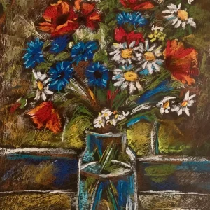 Wildflowers still life soft pastel painting with poppies and daisies