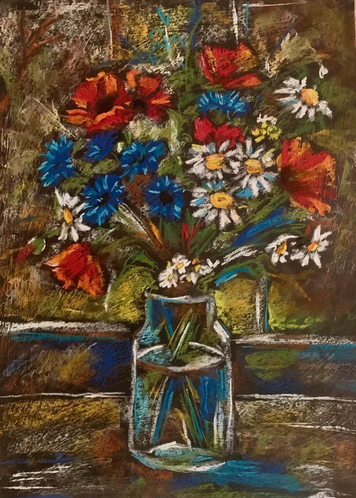 Wildflowers still life soft pastel painting with poppies and daisies