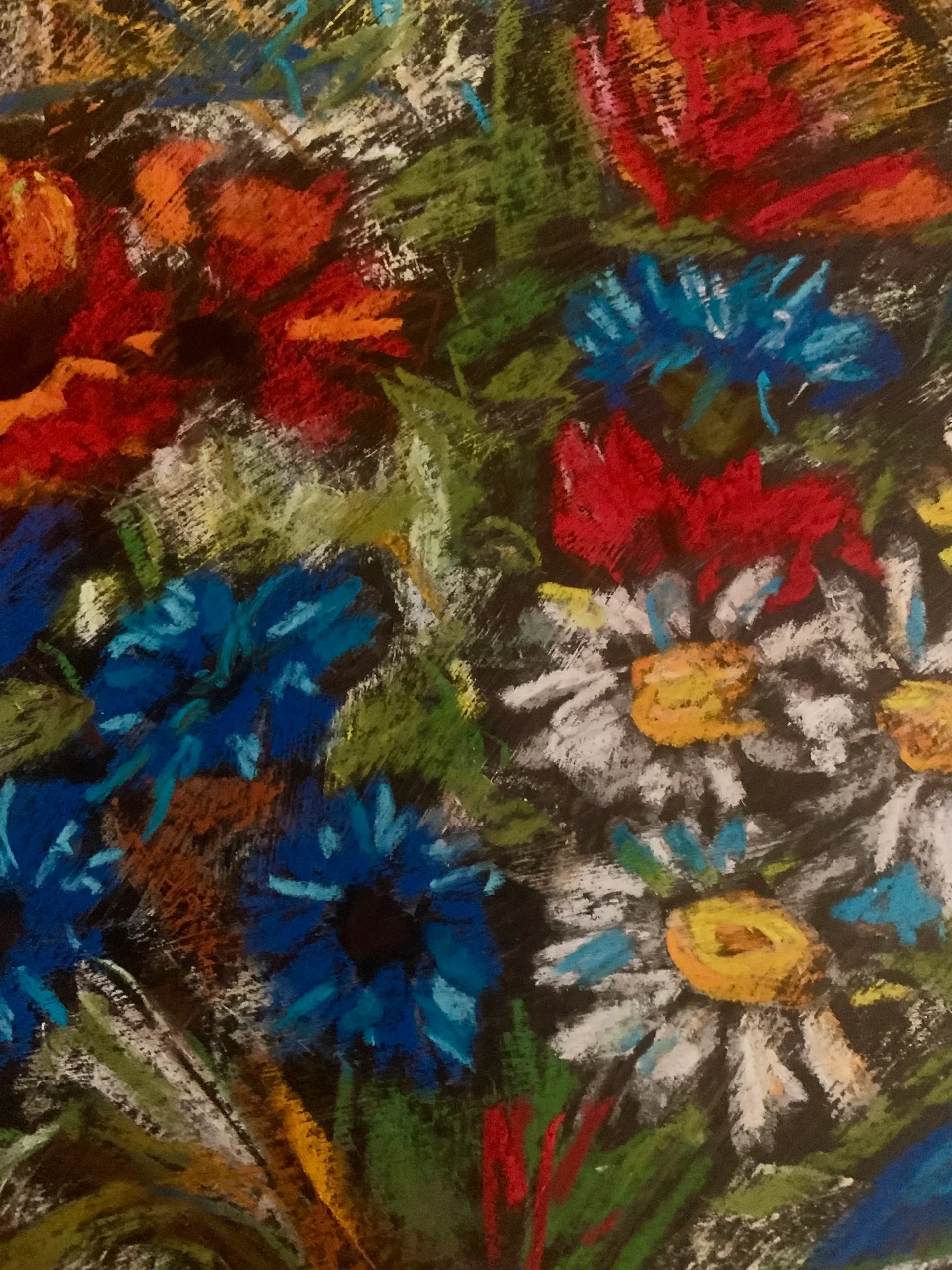 Close-up detail of soft pastel wildflowers still life painting