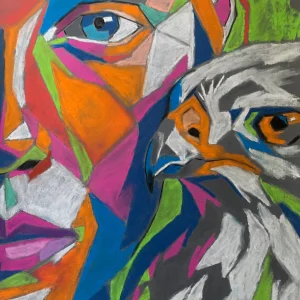 An original cubist expressionist soft pastel painting by Savchenko depicting a fragmented, colorful human face alongside a sharp-eyed falcon with geometric patterns.