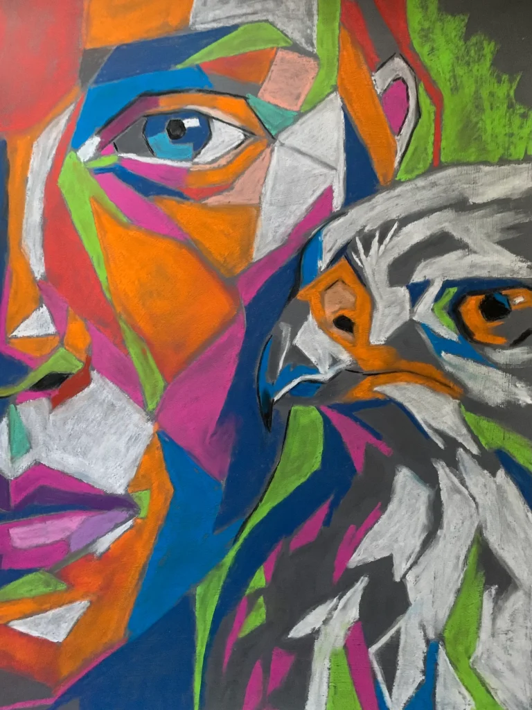 An original cubist expressionist soft pastel painting by Savchenko depicting a fragmented, colorful human face alongside a sharp-eyed falcon with geometric patterns.