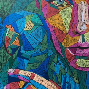 An original cubist expressionist soft pastel painting by Savchenko depicting a fragmented, colorful human face alongside a blue and green geometric parrot with a stylized hand in the foreground.