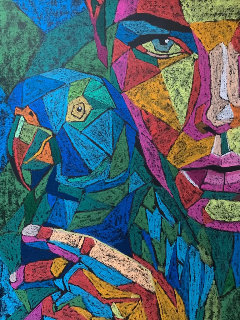 An original cubist expressionist soft pastel painting by Savchenko depicting a fragmented, colorful human face alongside a blue and green geometric parrot with a stylized hand in the foreground.