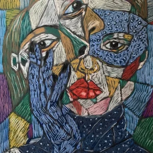 An original cubist expressionist soft pastel painting by Savchenko of a woman's portrait, showing a fragmented face, a patterned blue hand, and bright red lips against a multi-colored mosaic background.