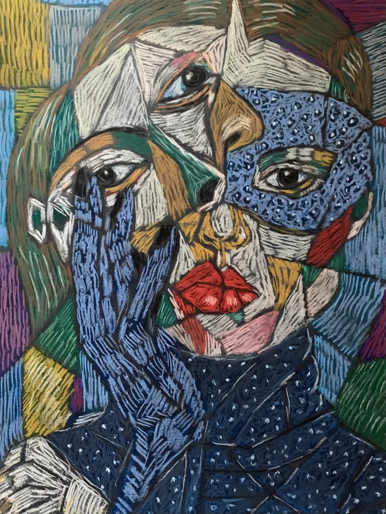 An original cubist expressionist soft pastel painting by Savchenko of a woman's portrait, showing a fragmented face, a patterned blue hand, and bright red lips against a multi-colored mosaic background.