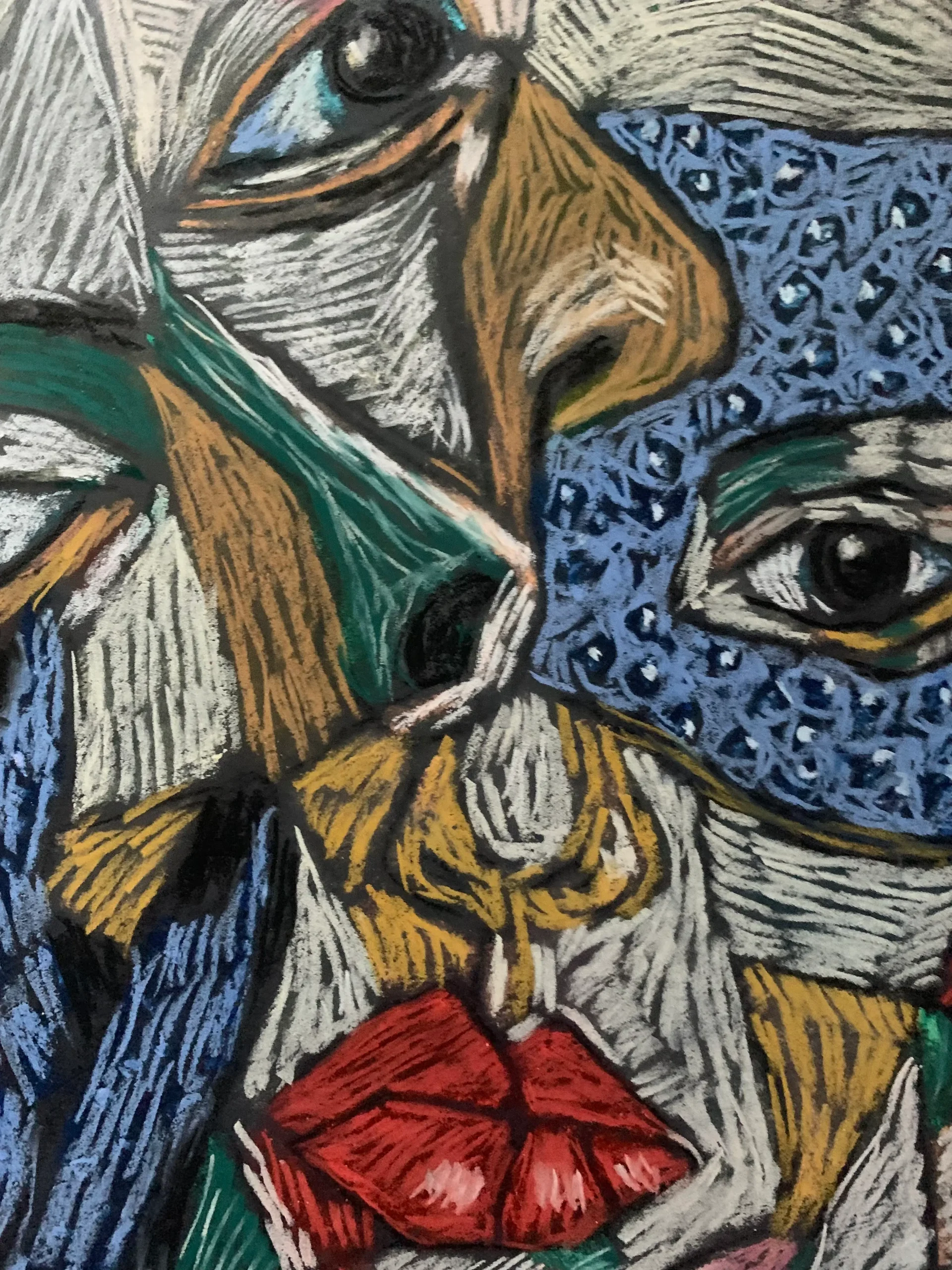 An original cubist expressionist soft pastel painting by Savchenko of a woman's portrait, showing a fragmented face, a patterned blue hand, and bright red lips against a multi-colored mosaic background.