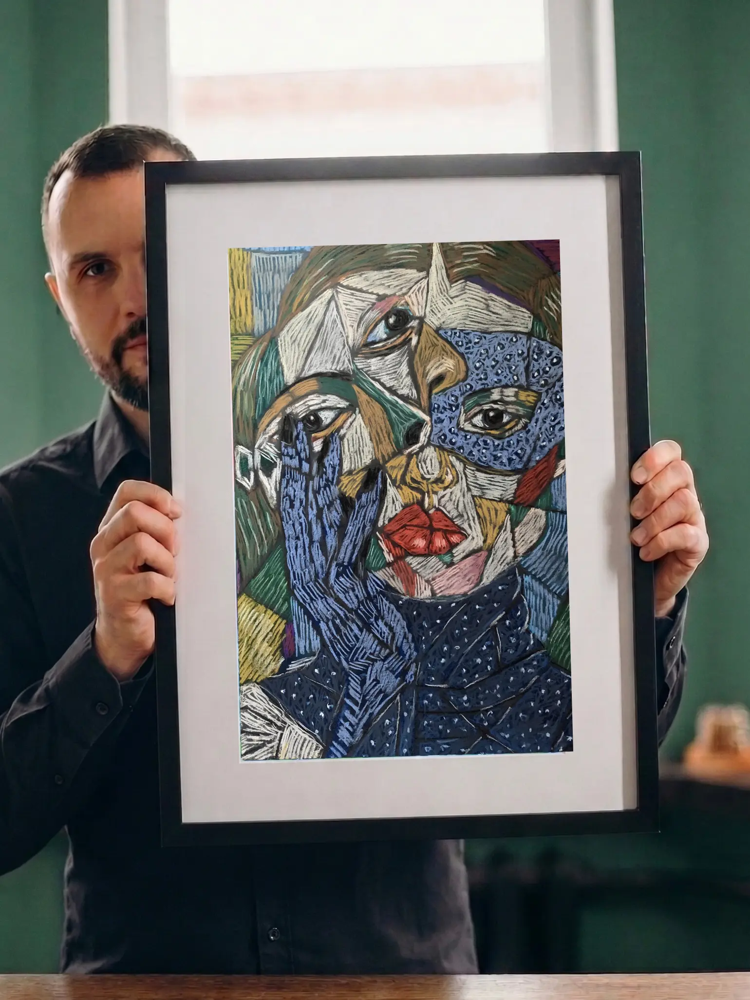 An original cubist expressionist soft pastel painting by Savchenko of a woman's portrait, showing a fragmented face, a patterned blue hand, and bright red lips against a multi-colored mosaic background.
